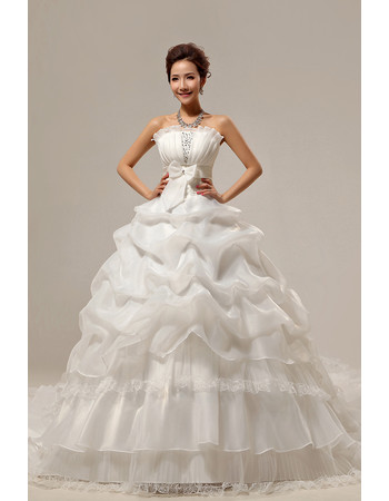 Custom Gorgeous Chapel Train Ball Gown Strapless Organza Dress for Spring Wedding