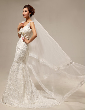 Custom Modern Elegant Mermaid/ Trumpet Lace V-Neck Sweep Train Wedding Dress