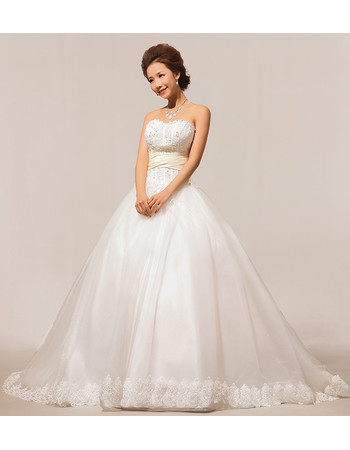 Modern Elegant Sweetheart Court Train Beaded Ball Gown Satin Wedding Dress