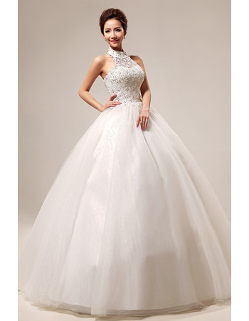 Affordable Chic Halter Beaded Ball Gown Floor Length Satin Wedding Dress