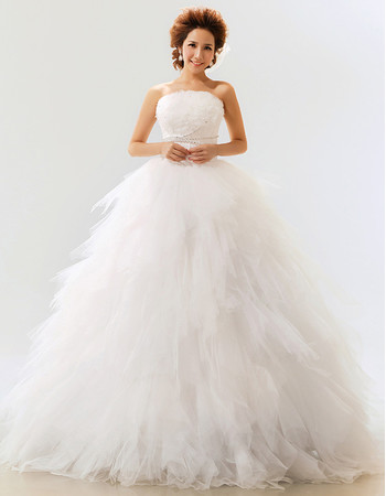 Elegant Gorgeous Ruffle Organza Ball Gown Strapless Floor Length Wedding Dress