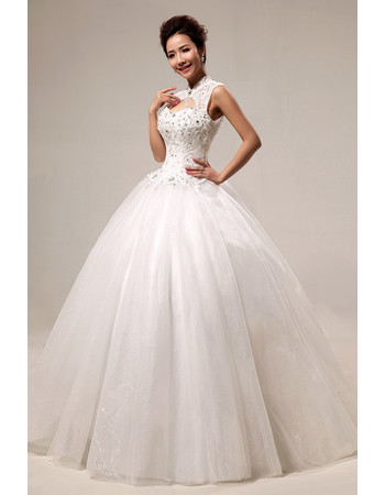 Custom Modern Mandarin Collar Beaded Ball Gown Floor Length Wedding Dress