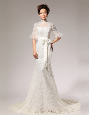 Discount Modern Mermaid Lace Mandarin Collar Short Sleeves Wedding Dress