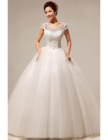 Custom Modern Lace Short Sleeves Ball Gown Floor Length Wedding Dress