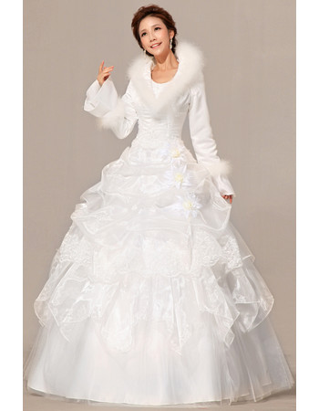 Gorgeous Long Sleeves Satin Ball Gown Floor Length Dress for Winter Wedding