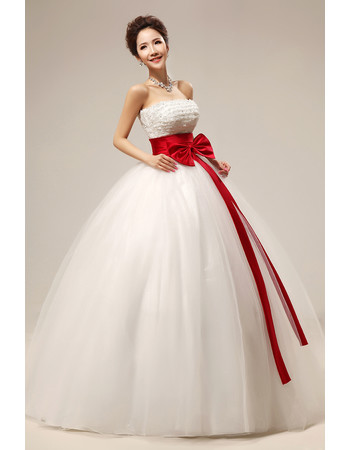 Affordable Modern Beaded Ball Gown Strapless Long Wedding Dress with Sashes