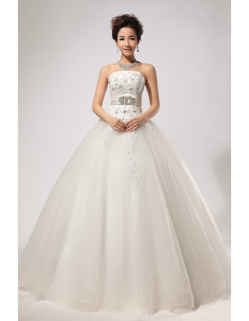 Custom Modern Rhinestone Ball Gown Strapless Floor Length Satin Wedding Dress