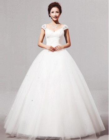 Modern V-Neck Cap Sleeves Ball Gown Long Satin Dress for Spring Wedding