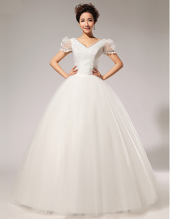 Custom Modern Bubble Sleeves V-Neck Beaded Ball Gown Floor Length Wedding Dress