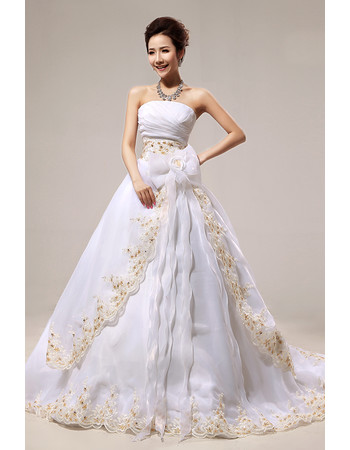 Affordable Stunning A-Line Strapless Court Train Embroidery Wedding Dress