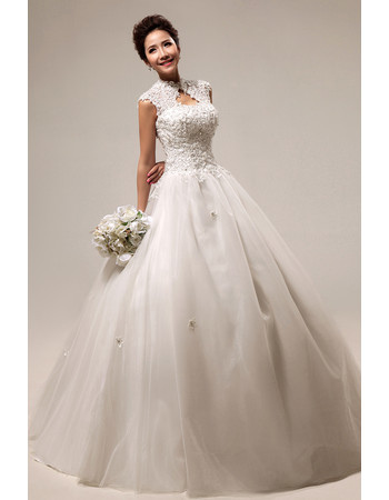 Custom Modern Mandarin Collar Lace A-Line Floor Length Wedding Dress