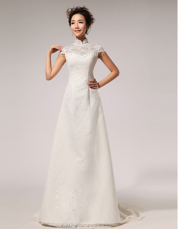 Affordable Modern Lace Mandarin Collar Cap Sleeves A-Line Wedding Dress