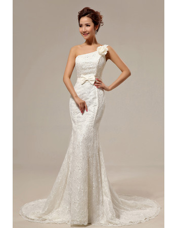 Custom Elegant Mermaid One Shoulder Lace Sweep Train Wedding Dress for Spring