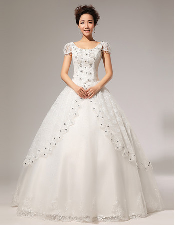 Custom Amazing Cap Sleeves Ball Gown Scoop Floor Length Satin Wedding Dress