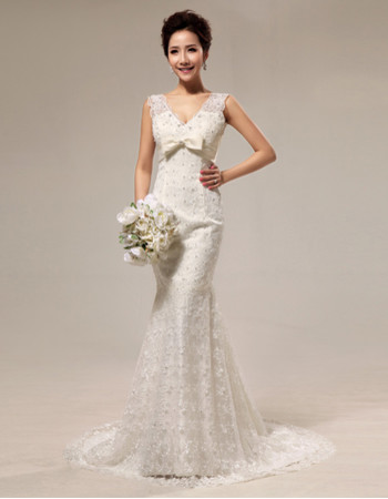 Cheap Elegant Mermaid V-Neck Lace Sweep Train Wedding Dress