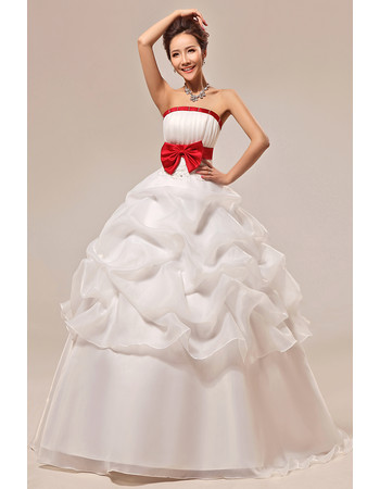 Affordable Gorgeous Ball Gown Strapless Long Wedding Dress with Red Belts