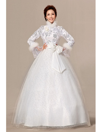 Cheap Modern Long Sleeves High-Neck Ball Gown Floor Length Satin Wedding Dress