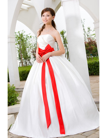 Simple Modern Ball Gown Strapless Floor Length Satin Wedding Dress with Sashes