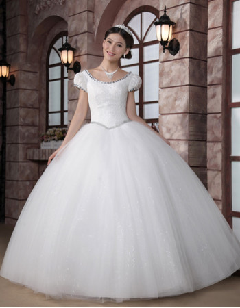 Custom Modern Cap Sleeves Ball Gown Scoop Floor Length Organza Wedding Dress