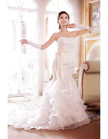 Beautiful Mermaid Court Train Ruffle Strapless Organza Wedding Dress