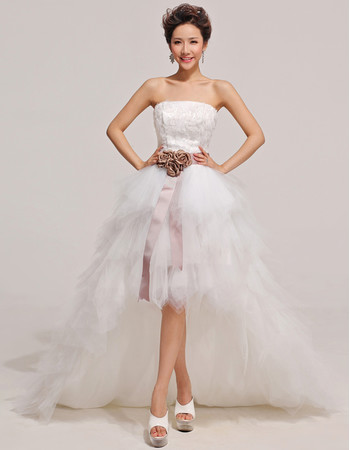 Affordable Stunning High-Low A-Line Strapless Ruffle Wedding Dress with Sashes