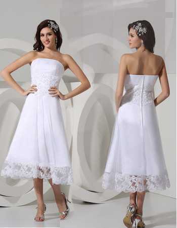 Simple A-Line Strapless Satin Tea Length Wedding Dress