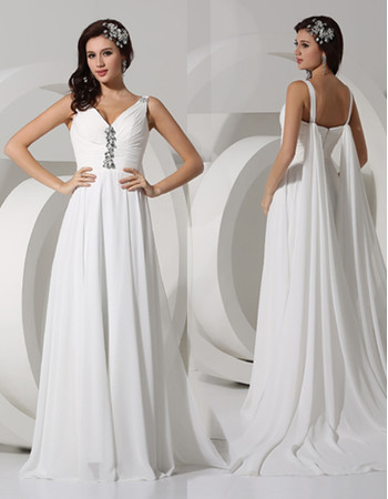 Simple Elegant A-Line V-Neck Floor Length Pleated Chiffon Beach Wedding Dress