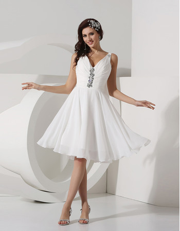 Charming A-Line V-Neck Knee Length Ruched Chiffon Beach Wedding Dress