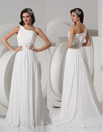 Elegant A-Line One Shoulder Sweep Train Chiffon Beach Wedding Dress