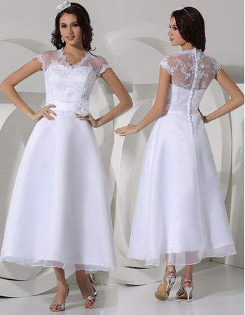 Modest A-Line Illusion Neckline Tea Length Satin Organza Wedding Dress