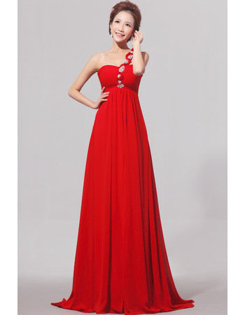 Cheap One Shoulder Empire Waist Red Chiffon Long Bridesmaid Dress for Spring