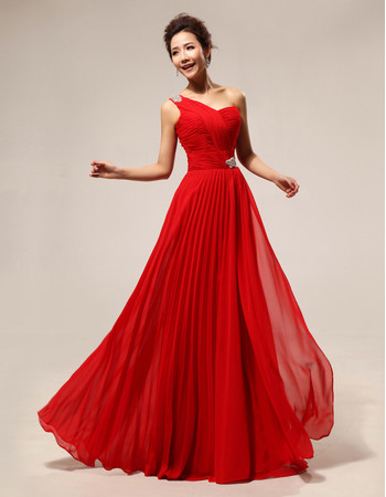 Affordable Elegant One Shoulder Chiffon Red Long Bridesmaid Dress for Wedding