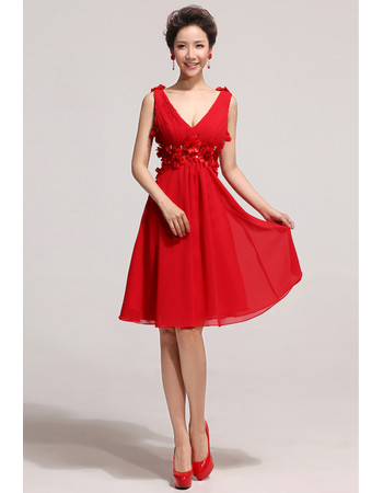 Affordable Designer V-Neck Knee Length Red Chiffon A-Line Bridesmaid Dress
