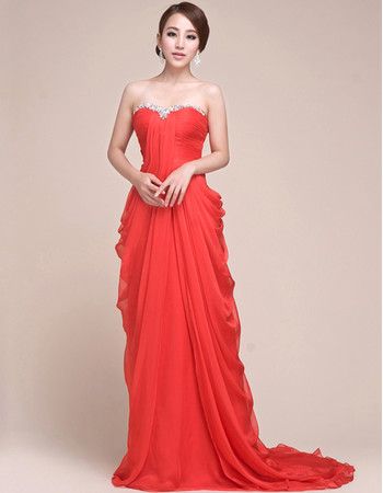 Affordable Chiffon Sheath Sweetheart Sweep Train Red Prom Evening Dress for Women