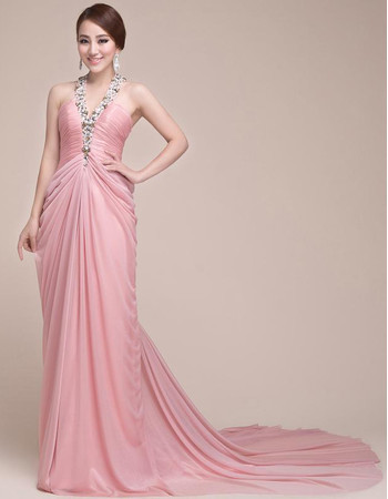 Sexy Elegant Chiffon V-Neck Long Court Train Sheath Prom Evening Dress for Women