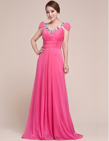 Beautiful Cap Sleeves Chiffon V-Neck Sweep Train Prom Evening for Women