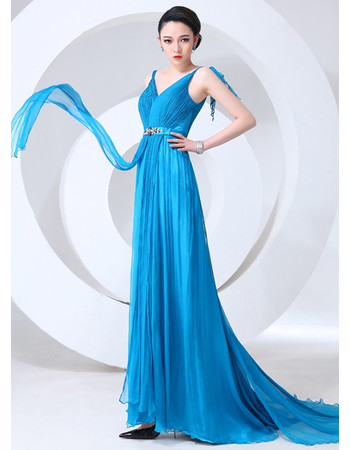 Elegant V-Neck Sheath Chiffon Long Prom Evening Dress for Women