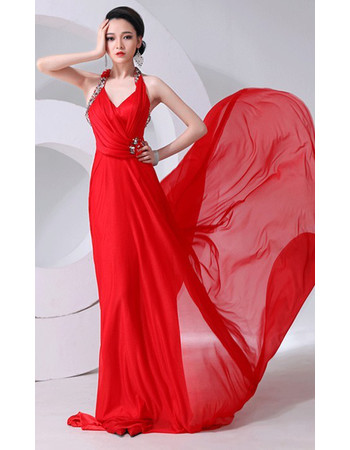 Elegant Halter Chiffon Court Train Sheath Prom Evening Dress for Women