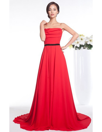 Classic A-Line Strapless Chiffon Court Train Prom Evening Dress for Women