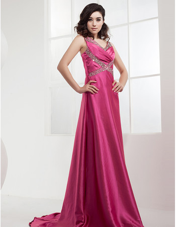 Affordable Satin A-Line Sweep Train Spaghetti Straps Prom Evening Dress for Women