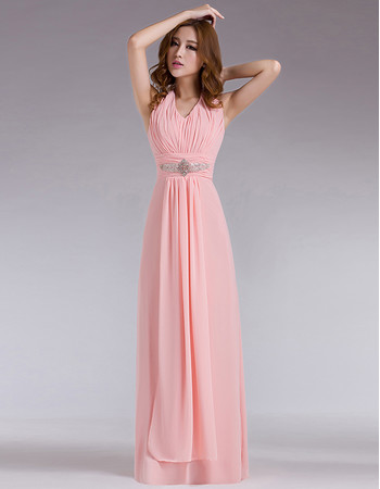 Elegant Halter Chiffon Column Floor Length Prom Evening Dress for Women and Girls