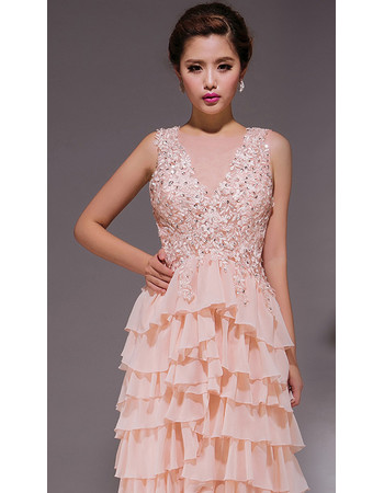 Stunning Tiered Skirt V-Neck Chiffon Sheath Sweep Train Formal Evening Dress