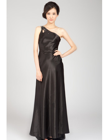 One Shoulder Black Satin Sweep Train Formal Evening Dress for Women