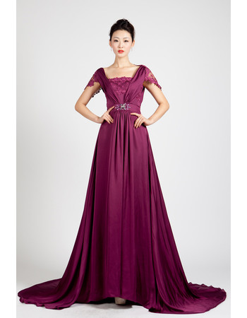 Beautiful Cap Sleeves Chiffon Sweep Train A-Line Prom Evening Dress for Women