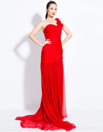 Elegant One Shoulder Chiffon Sheath Sweep Train Prom Evening Dress for Women