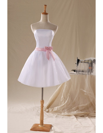 Custom Simple Classic A-Line Strapless Satin Organza Short Reception Wedding Dress with Sashes
