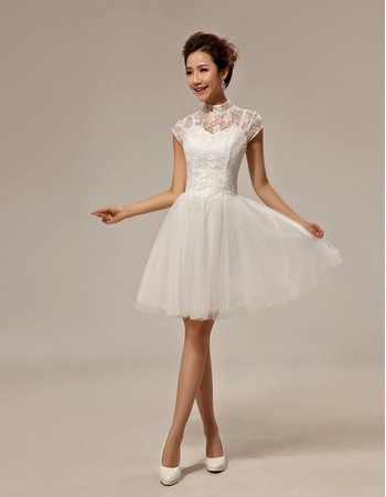 Inexpensive Classic Lace Mandarin Collar Cap Sleeves Short Beach Wedding Dress