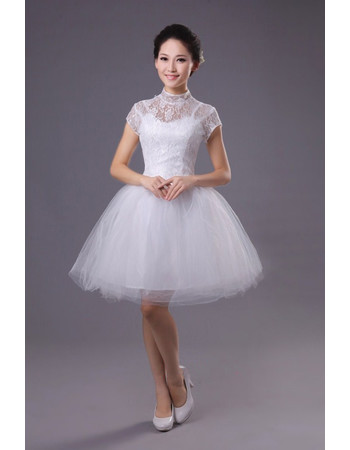 Cheap Custom Classic Mandarin Collar Short Sleeves Short Reception Wedding Dress