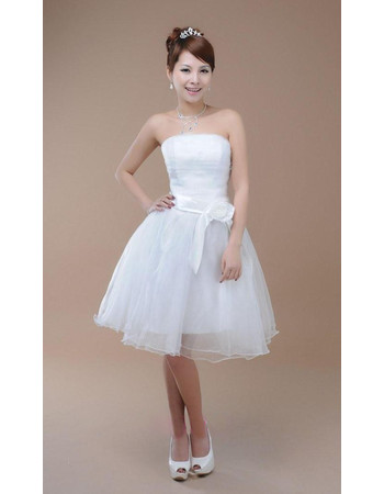 Affordable Classic A-Line Strapless Satin Knee Length Beach Wedding Dress