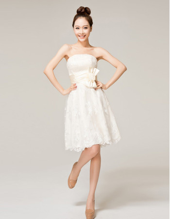 Cheap Designer Elegant Strapless A-Line Short Lace Wedding Dress with Sash Bow